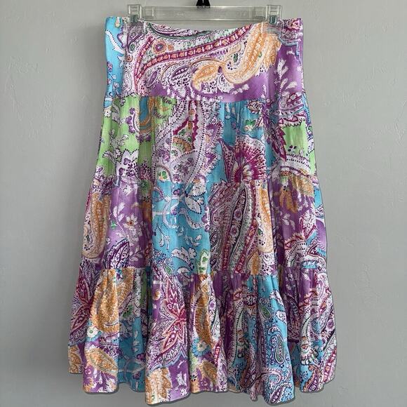 Lauren Ralph Lauren Tiered Paisley 100% Linen Midi Skirt Sz PS Petite 201111669 - Picture 1 of 8